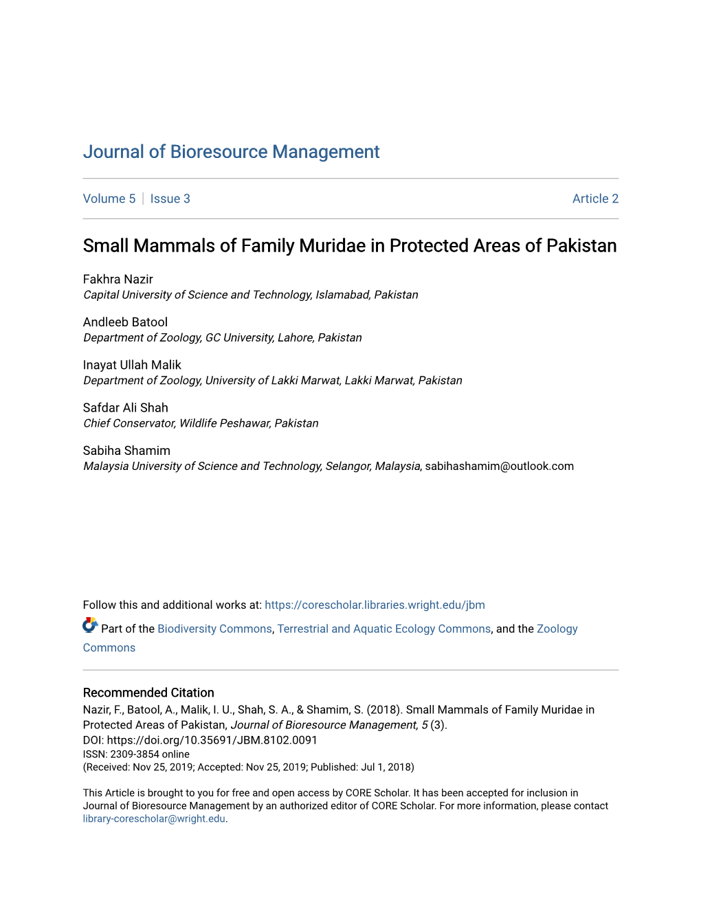 Small Mammals of Family Muridae in Protected Areas of Pakistan