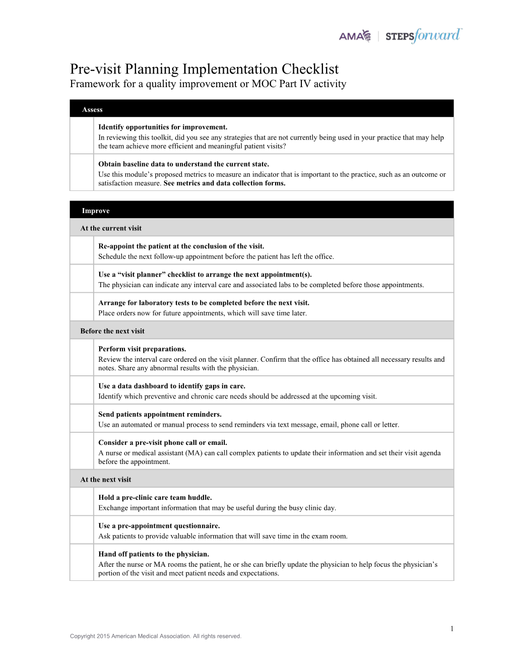 Pre-Visit Planning Implementation Checklistframework for a Quality Improvement Or MOC Part