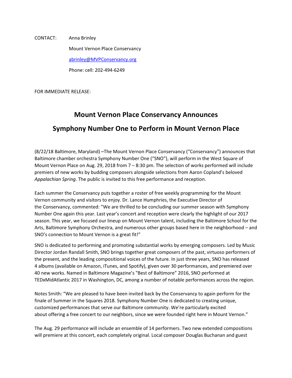 MVPC Announces Symphony Number One to Perform in Mount Vernon