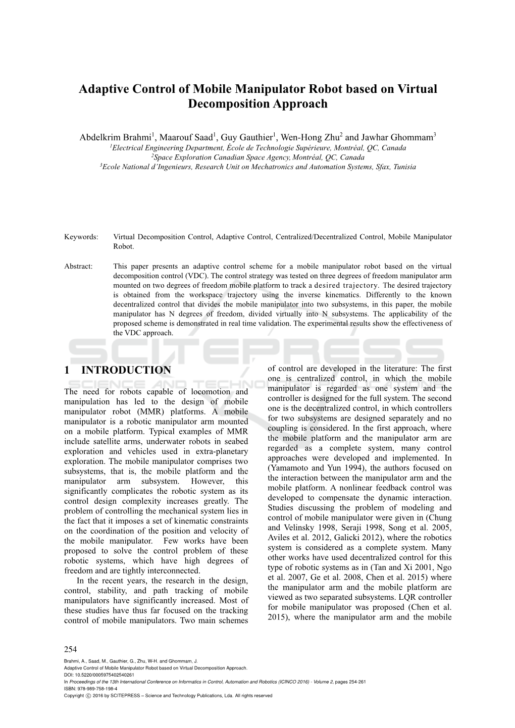 Adaptive Control of Mobile Manipulator Robot Based on Virtual Decomposition Approach