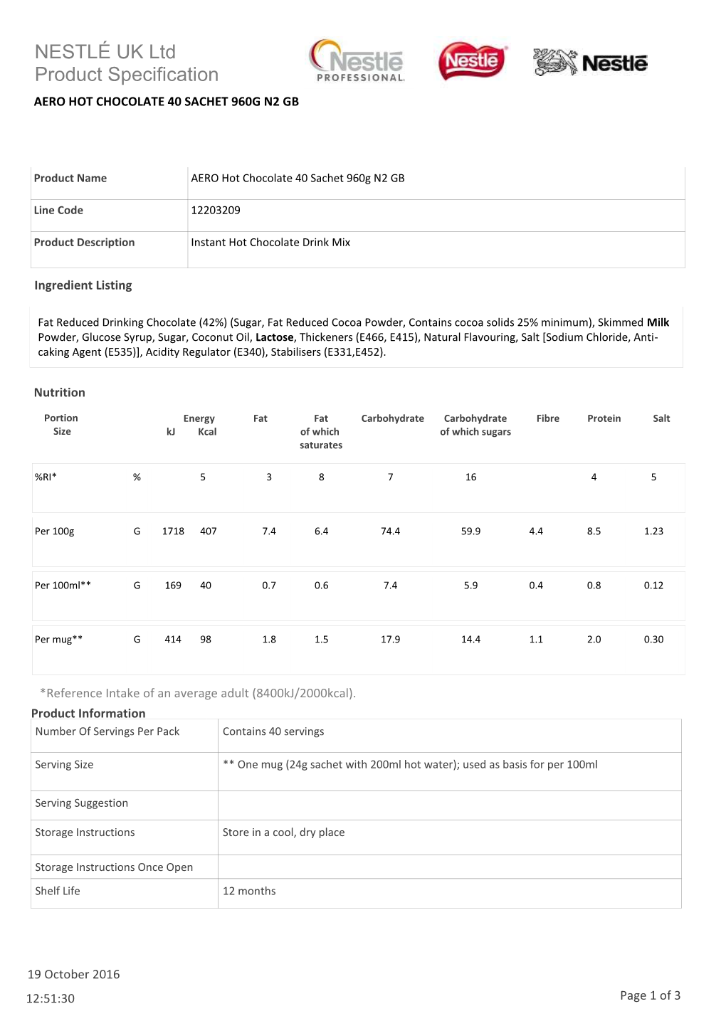 NESTLÉ UK Ltd Product Specification AERO HOT CHOCOLATE 40 SACHET 960G N2 GB