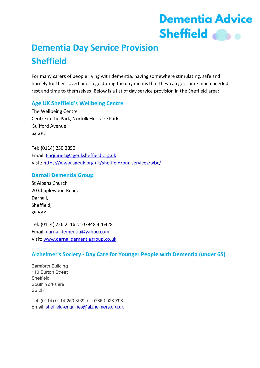 Dementia Day Service Provision Sheffield