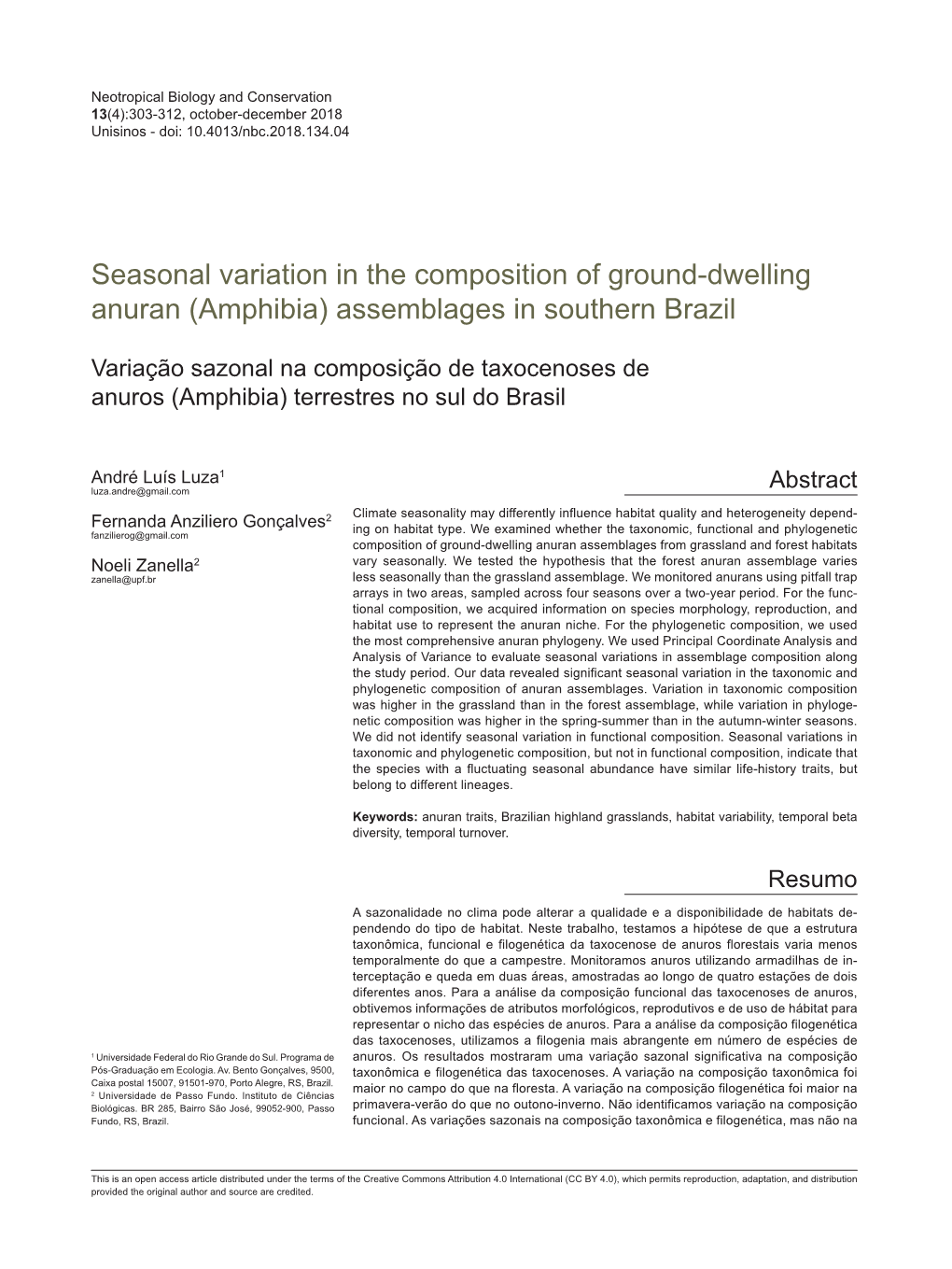 Seasonal Variation in the Composition of Ground-Dwelling Anuran (Amphibia) Assemblages in Southern Brazil