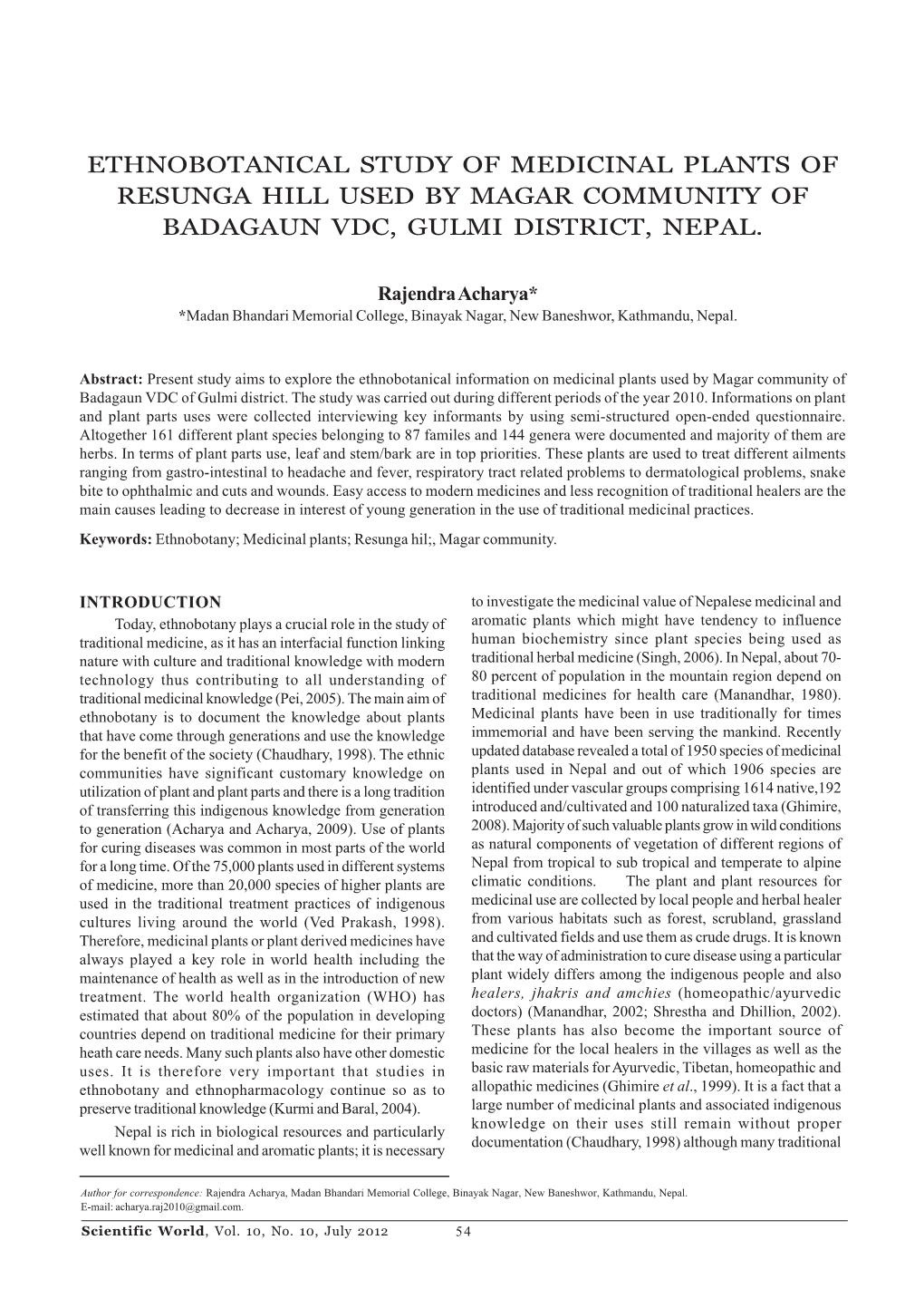 Ethnobotanical Study of Medicinal Plants of Resunga Hill Used by Magar Community of Badagaun Vdc, Gulmi District, Nepal