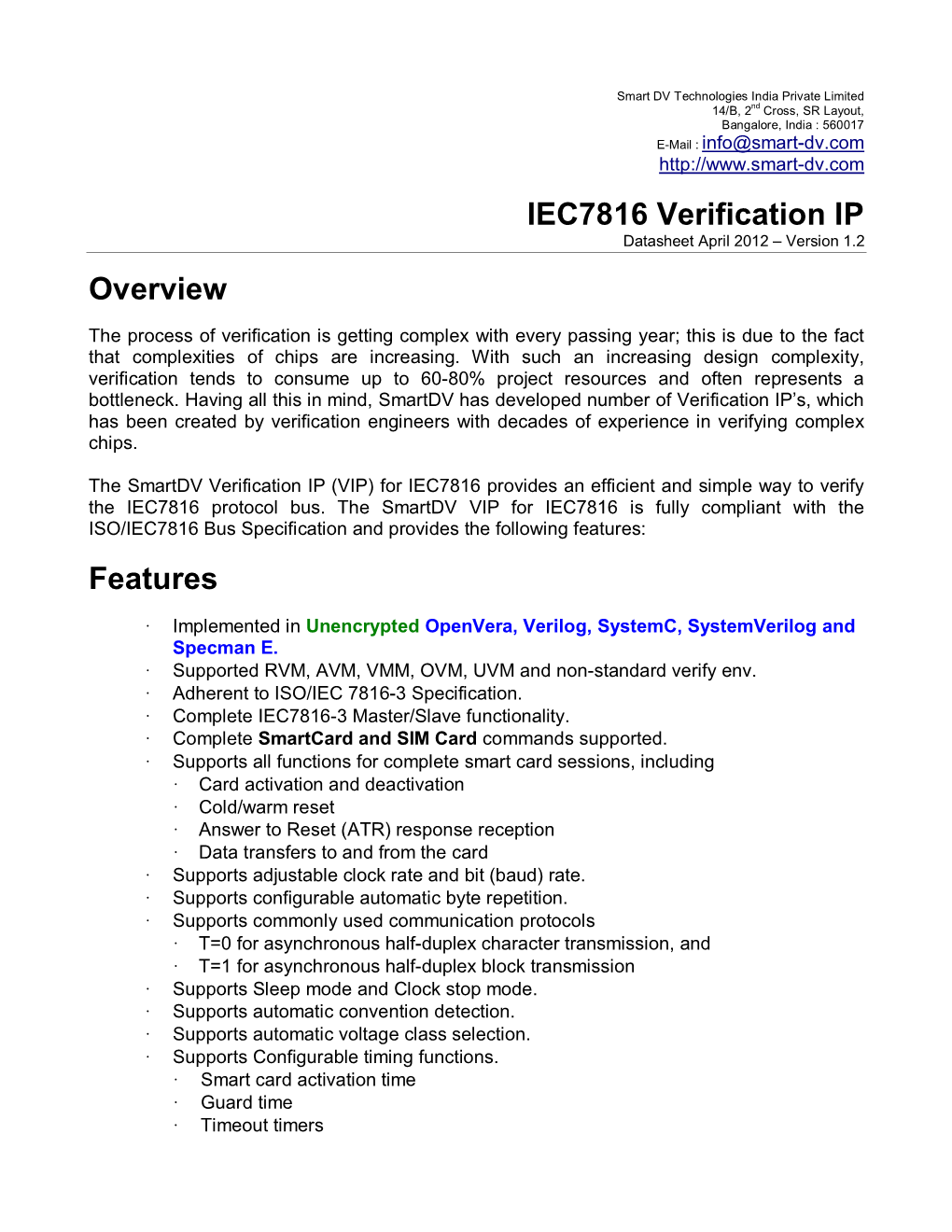 IEC7816 Verification IP Overview Features