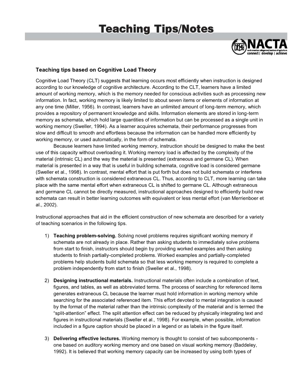 Teaching Tips Based on Cognitive Load Theory