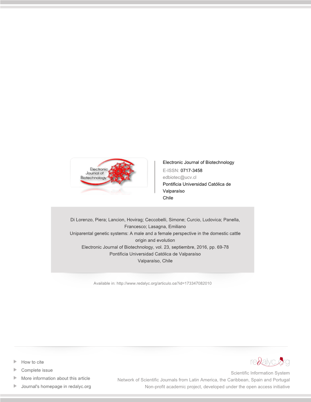 A Male and a Female Perspective in the Domestic Cattle Origin and Evolution Electronic Journal of Biotechnology, Vol