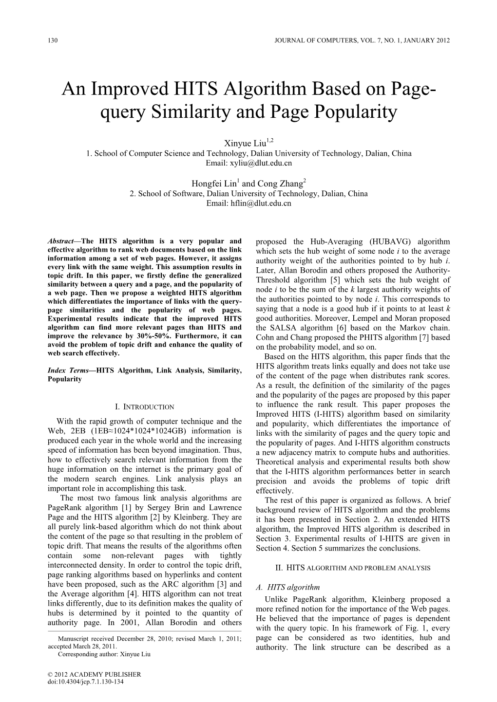 An Improved HITS Algorithm Based on Page- Query Similarity and Page Popularity