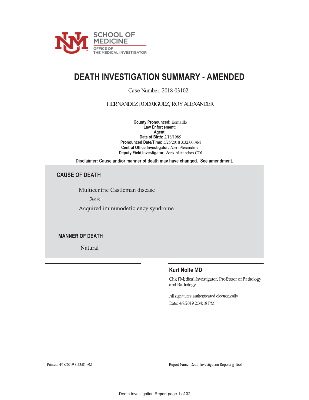 DEATH INVESTIGATION SUMMARY - AMENDED Case Number: 2018-03102