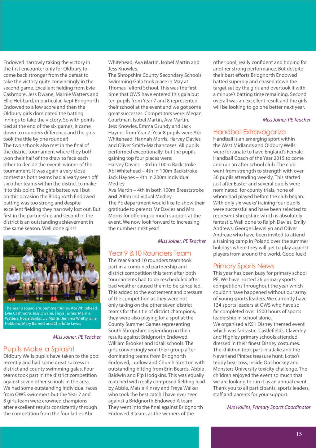 Year 9 &10 Rounders Team Handball Extravaganza Primary Sports News