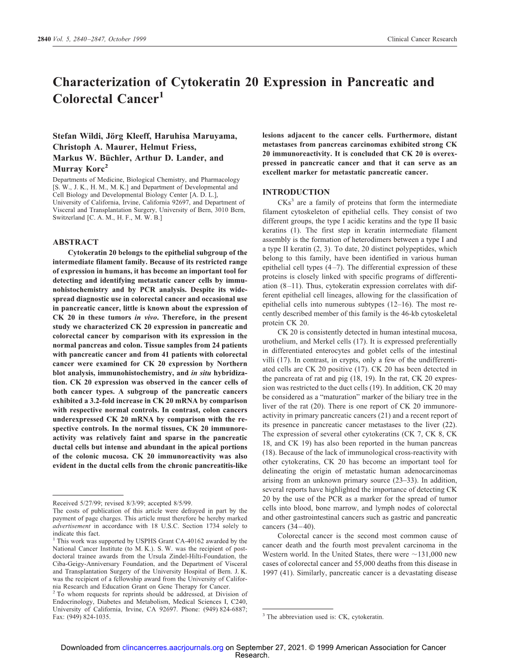 Characterization of Cytokeratin 20 Expression in Pancreatic and Colorectal Cancer1