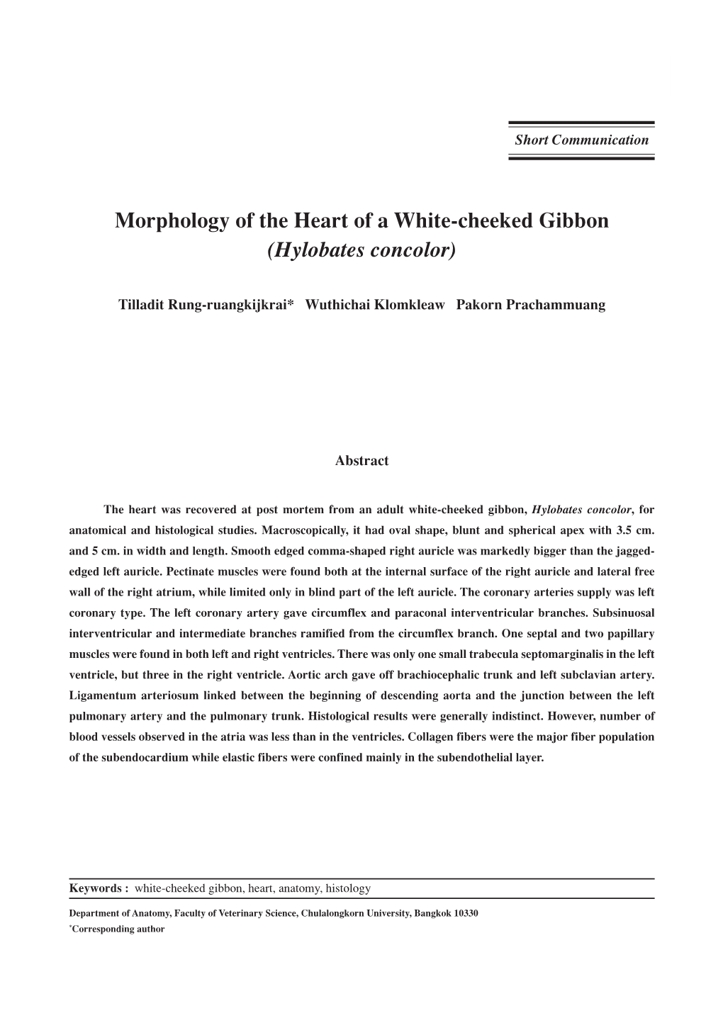 Morphology of the Heart of a White-Cheeked Gibbon (Hylobates Concolor)