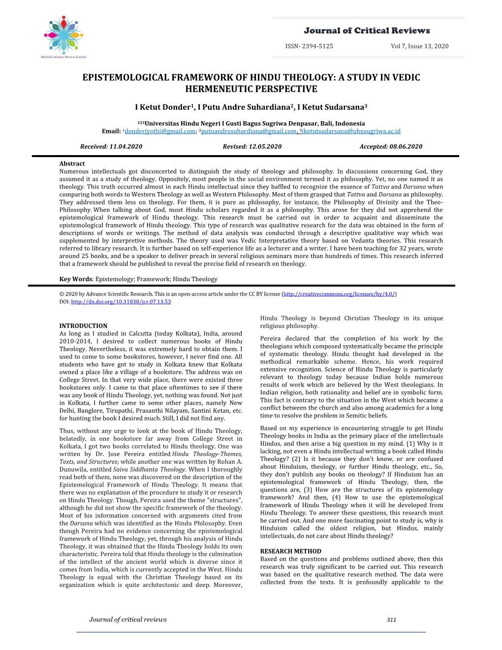 Epistemological Framework of Hindu Theology: a Study in Vedic Hermeneutic Perspective