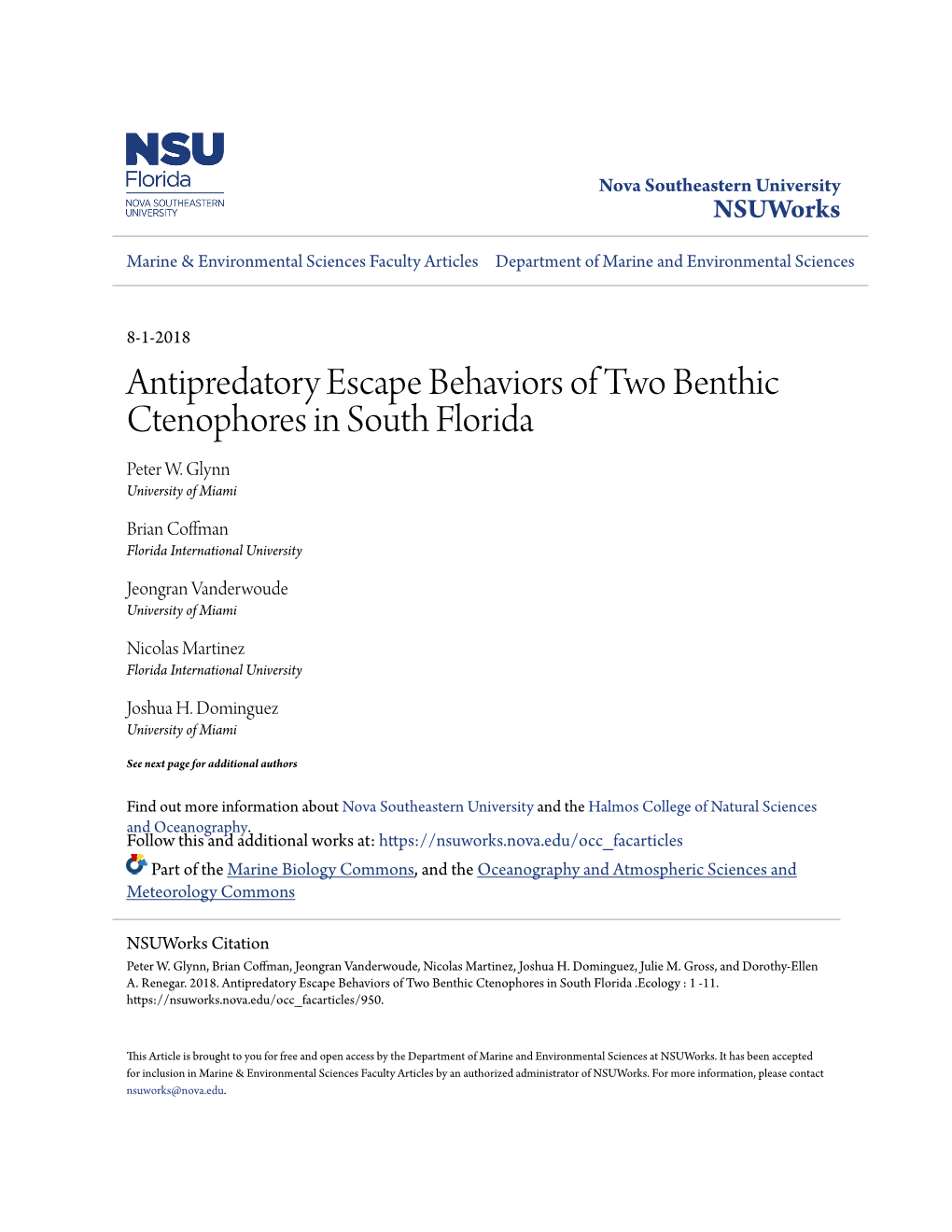 Antipredatory Escape Behaviors of Two Benthic Ctenophores in South Florida Peter W