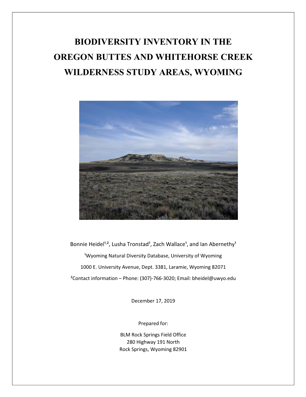 Biodiversity Inventory in the Oregon Buttes and Whitehorse Creek Wilderness Study Areas, Wyoming