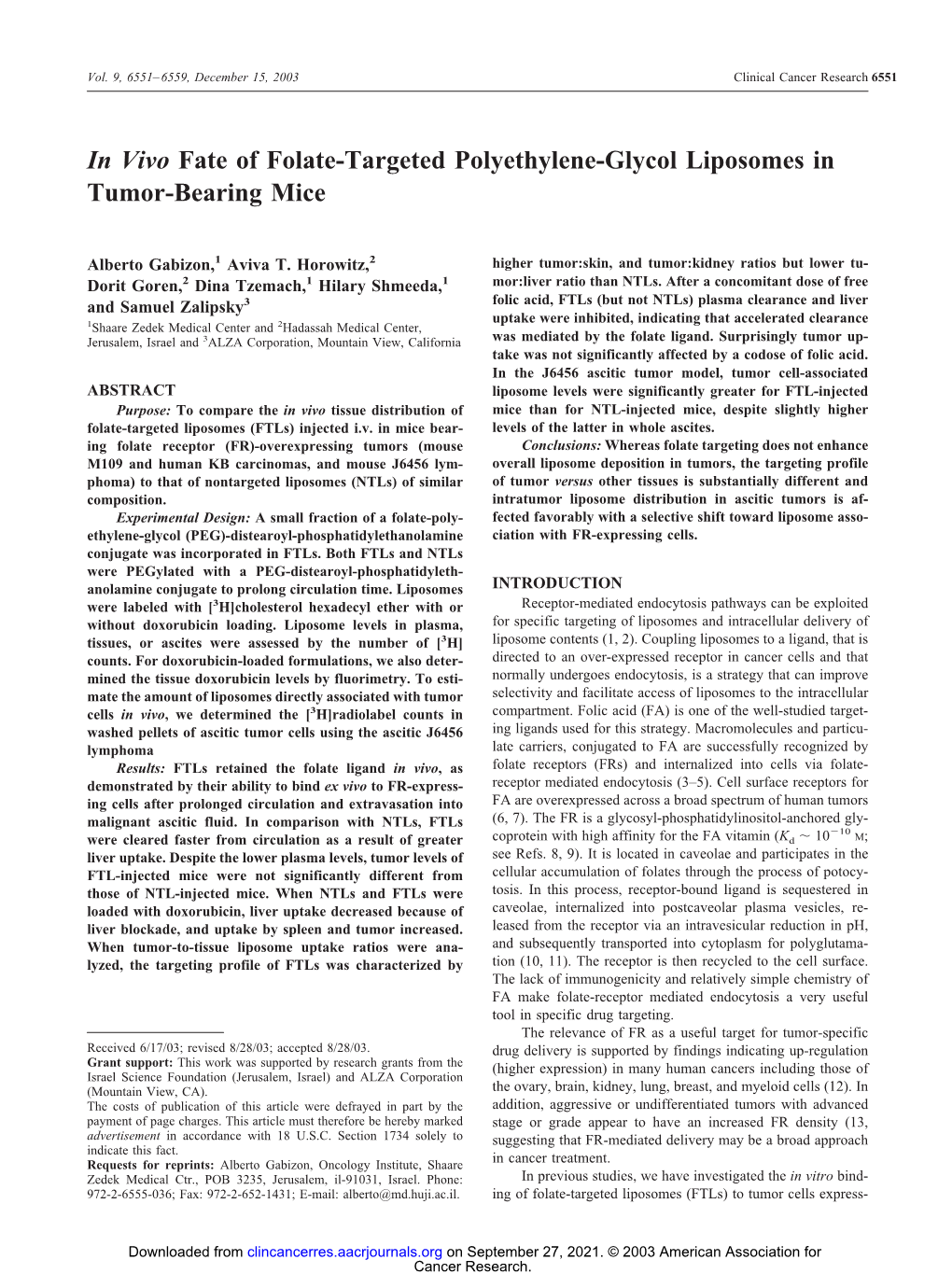 In Vivo Fate of Folate-Targeted Polyethylene-Glycol Liposomes in Tumor-Bearing Mice