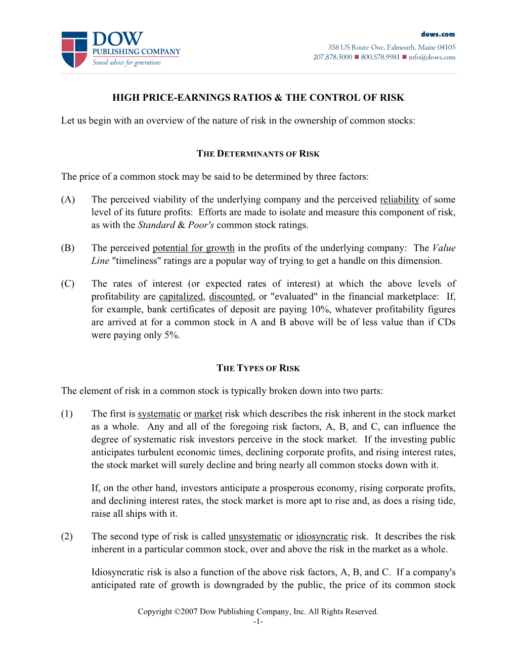 High Price-Earnings Ratios & the Control of Risk