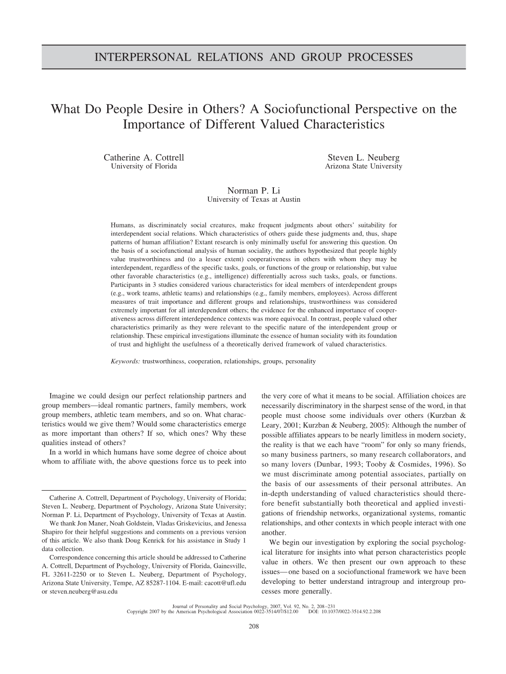 What Do People Desire in Others? a Sociofunctional Perspective on the Importance of Different Valued Characteristics