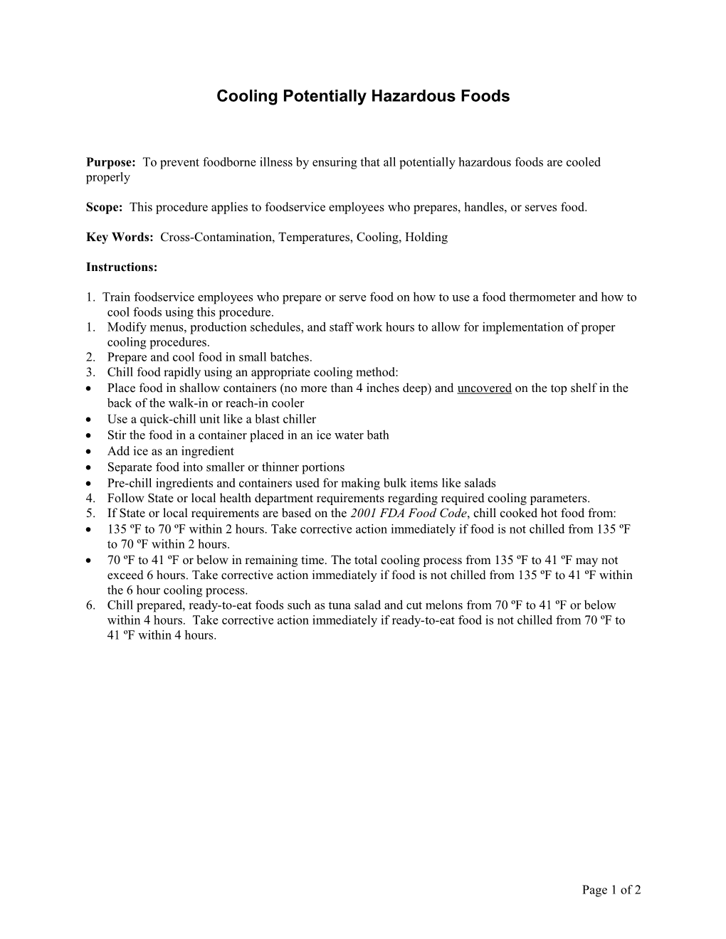 Cooling Potentially Hazardous Foods