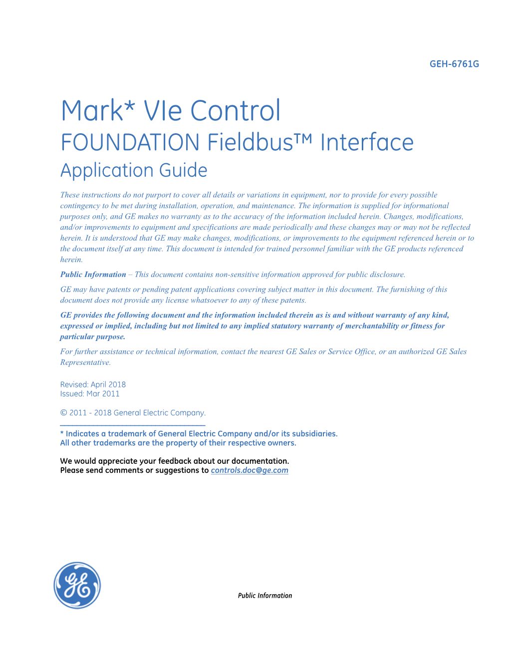 GEH-6761 Mark Vie Control FOUNDATION Fieldbus Interface Public Information Contents