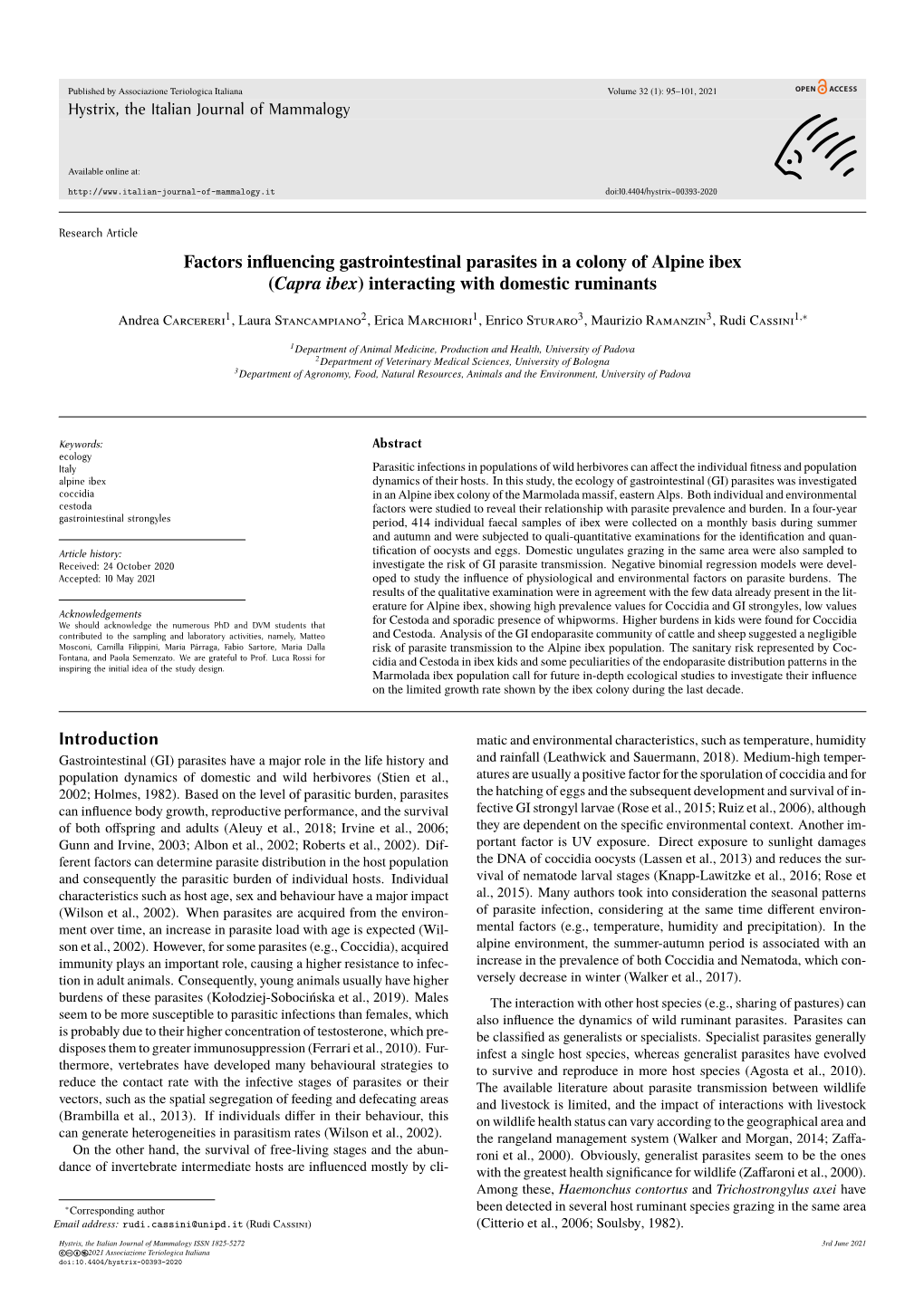 Factors Influencing Gastrointestinal Parasites in a Colony of Alpine Ibex (Capra Ibex)