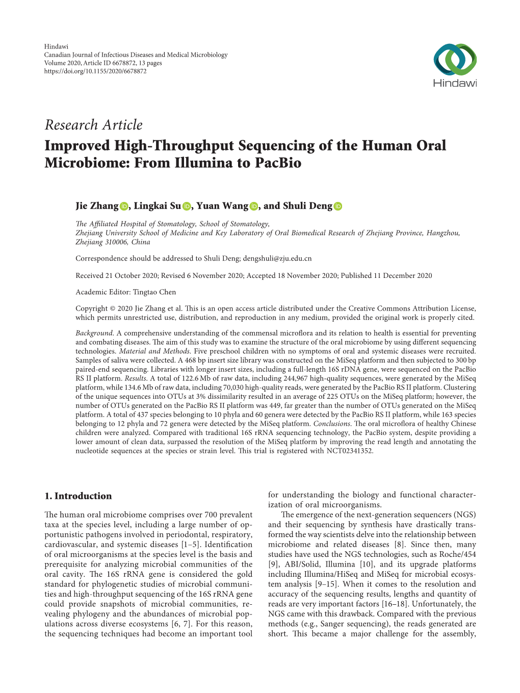 Improved High-Throughput Sequencing of the Human Oral Microbiome: from Illumina to Pacbio