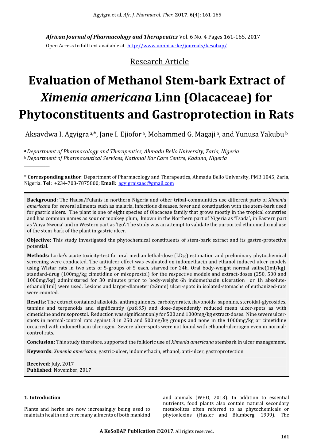 Evaluation of Methanol Stem-Bark Extract of Ximenia Americana Linn (Olacaceae) for Phytoconstituents and Gastroprotection in Rats