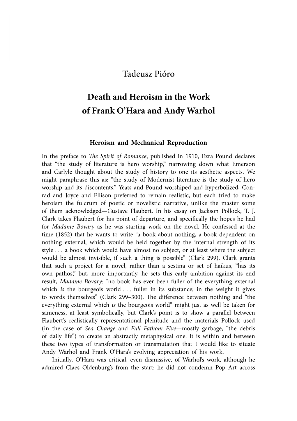Tadeusz Pióro Death and Heroism in the Work of Frank O'hara and Andy