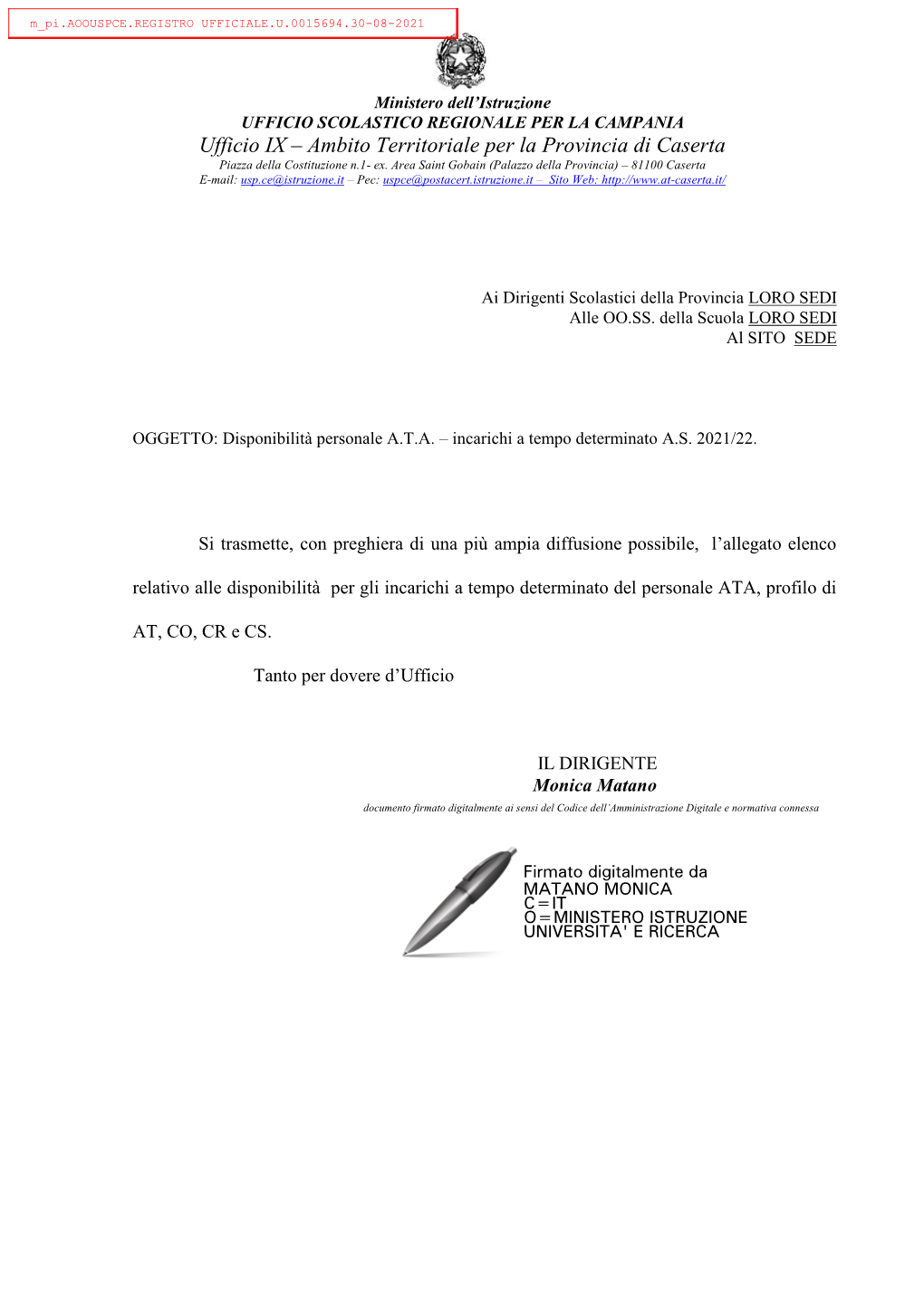 Ufficio IX – Ambito Territoriale Per La Provincia Di Caserta Piazza Della Costituzione N.1- Ex