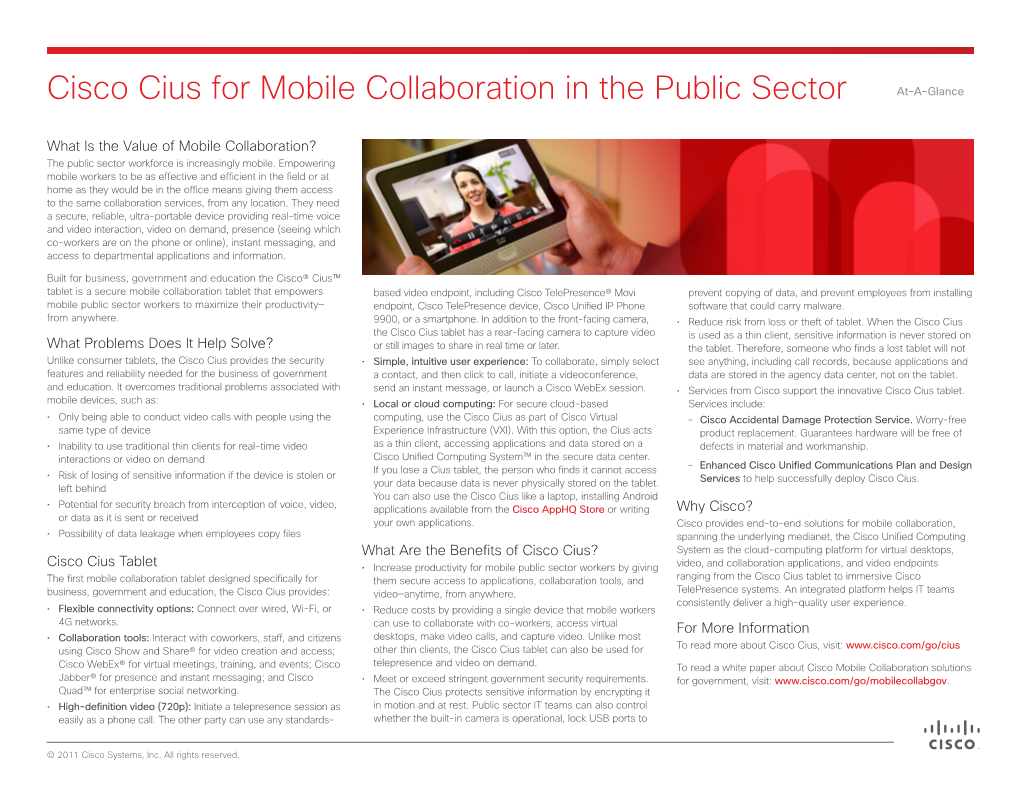 Cisco Cius for Mobile Collaboration in the Public Sector At-A-Glance