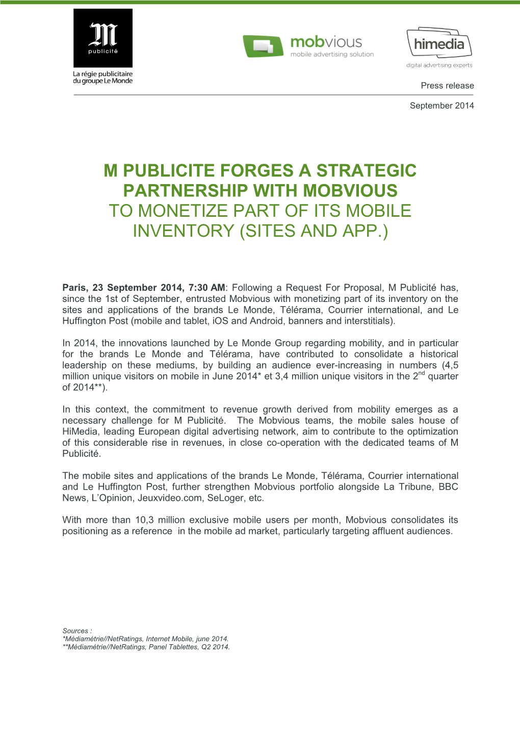 M Publicite Forges a Strategic Partnership with Mobvious to Monetize Part of Its Mobile Inventory (Sites and App.)