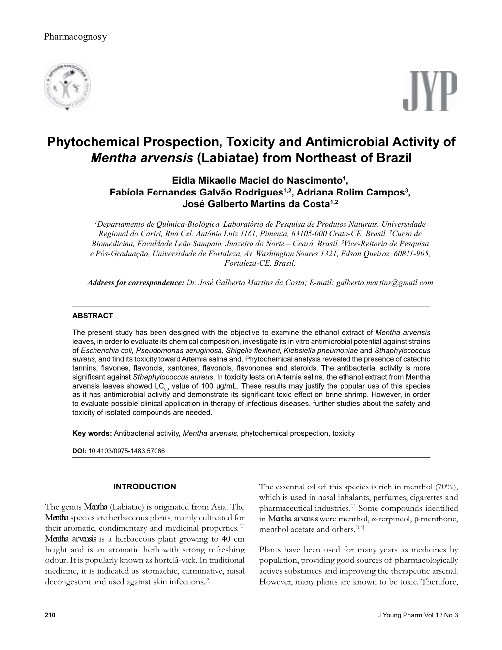 Phytochemical Prospection, Toxicity and Antimicrobial Activity of Mentha Arvensis (Labiatae) from Northeast of Brazil
