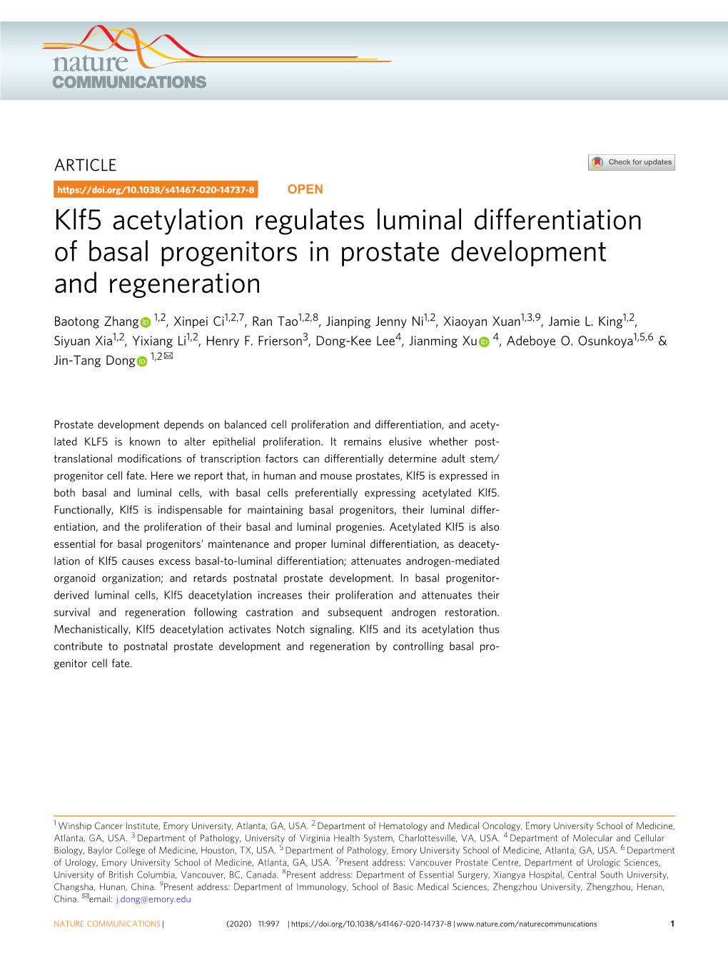Klf5 Acetylation Regulates Luminal Differentiation of Basal Progenitors in Prostate Development and Regeneration