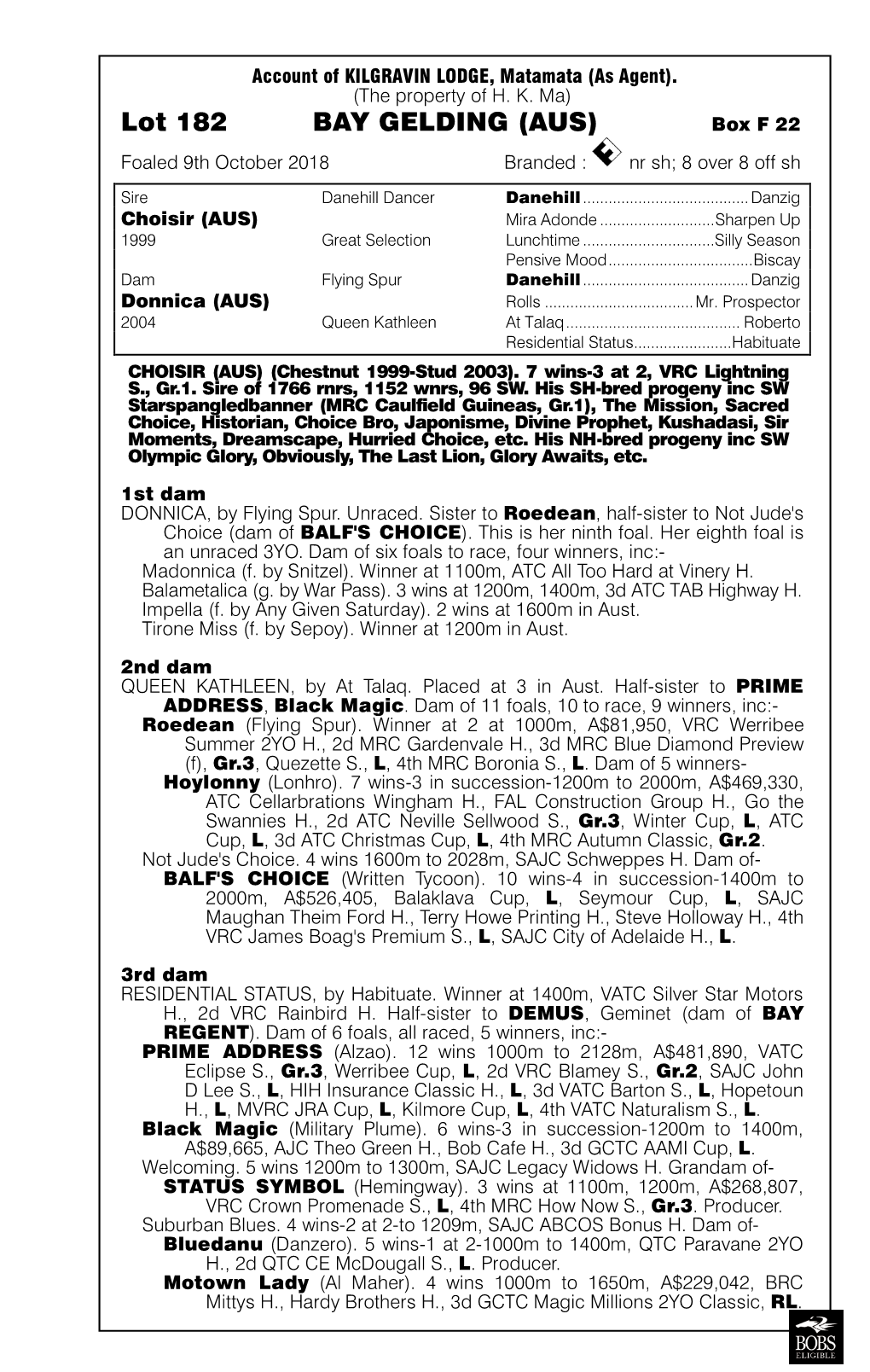 Lot 182 BAY GELDING (AUS) Box F 22 Foaled 9Th October 2018 Branded : Nr Sh; 8 Over 8 Off Sh
