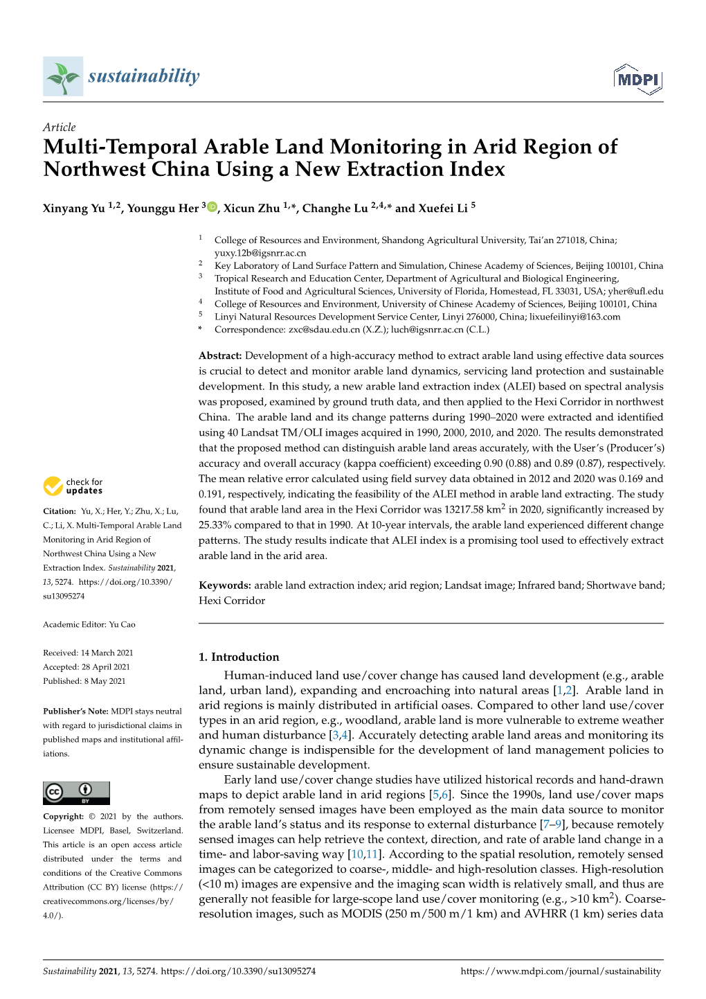 Multi-Temporal Arable Land Monitoring in Arid Region of Northwest China Using a New Extraction Index