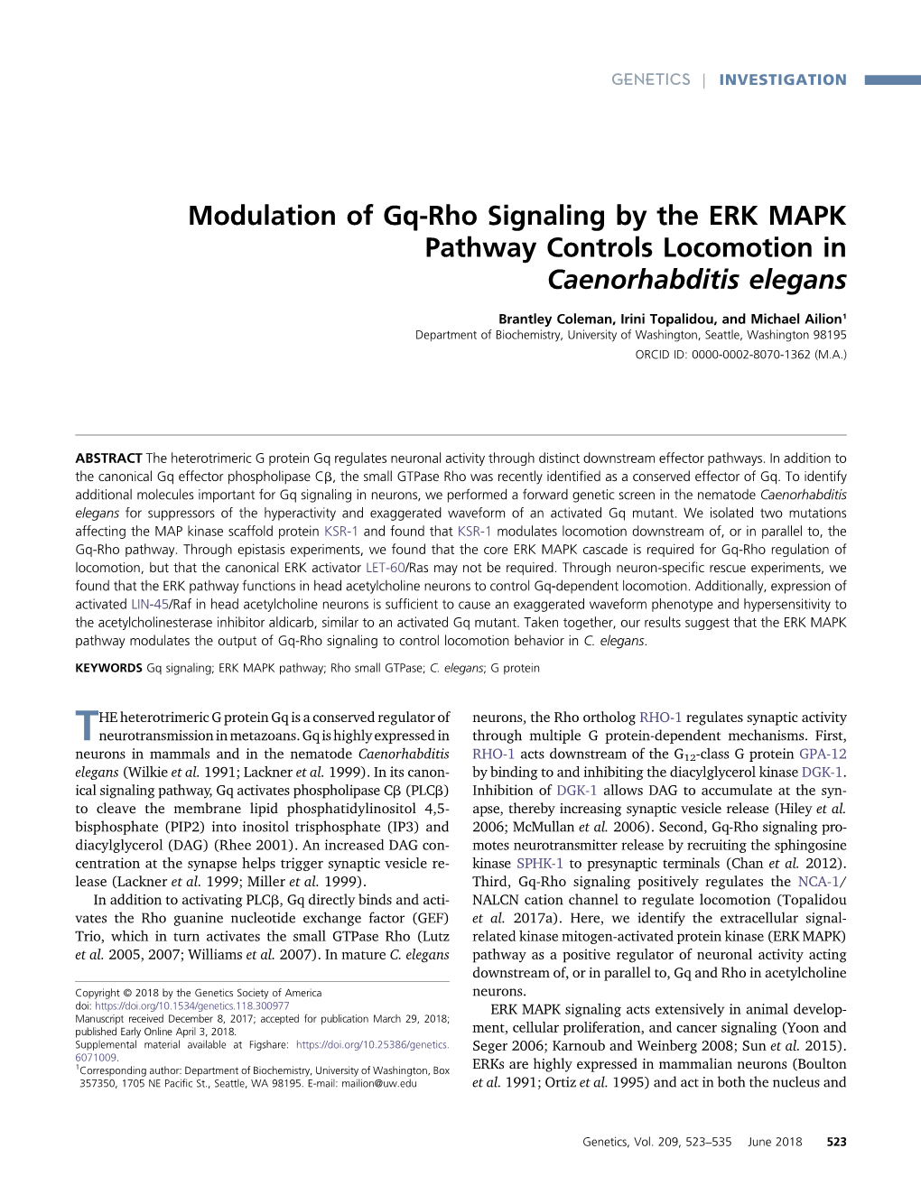 Modulation of Gq-Rho Signaling by the ERK MAPK Pathway Controls Locomotion in Caenorhabditis Elegans