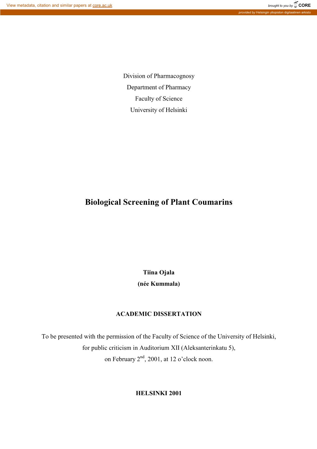 Biological Screening of Plant Coumarins