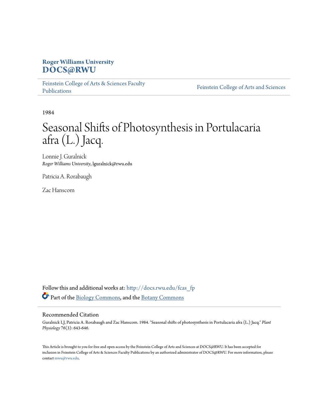 Seasonal Shifts of Photosynthesis in Portulacaria Afra (L.) Jacq