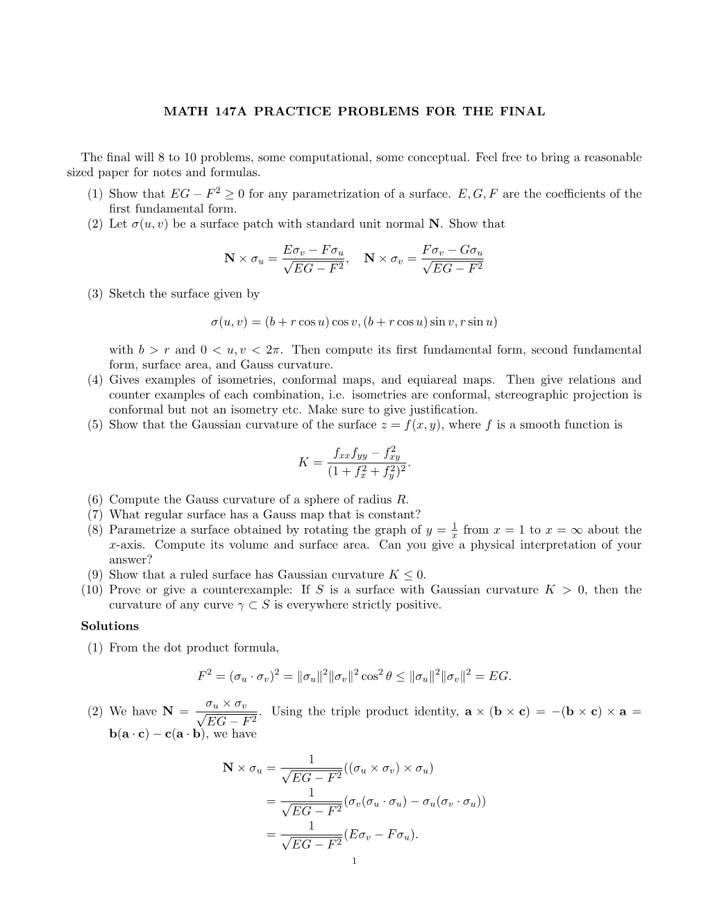 MATH 147A PRACTICE PROBLEMS for the FINAL the Final Will 8 To