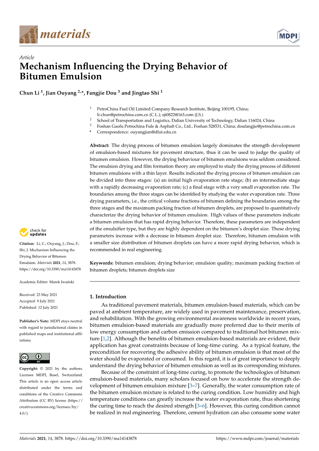 Mechanism Influencing the Drying Behavior of Bitumen Emulsion