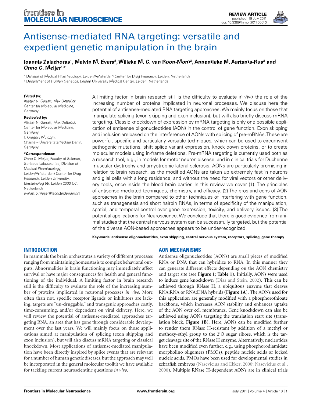 Antisense-Mediated RNA Targeting: Versatile and Expedient Genetic Manipulation in the Brain