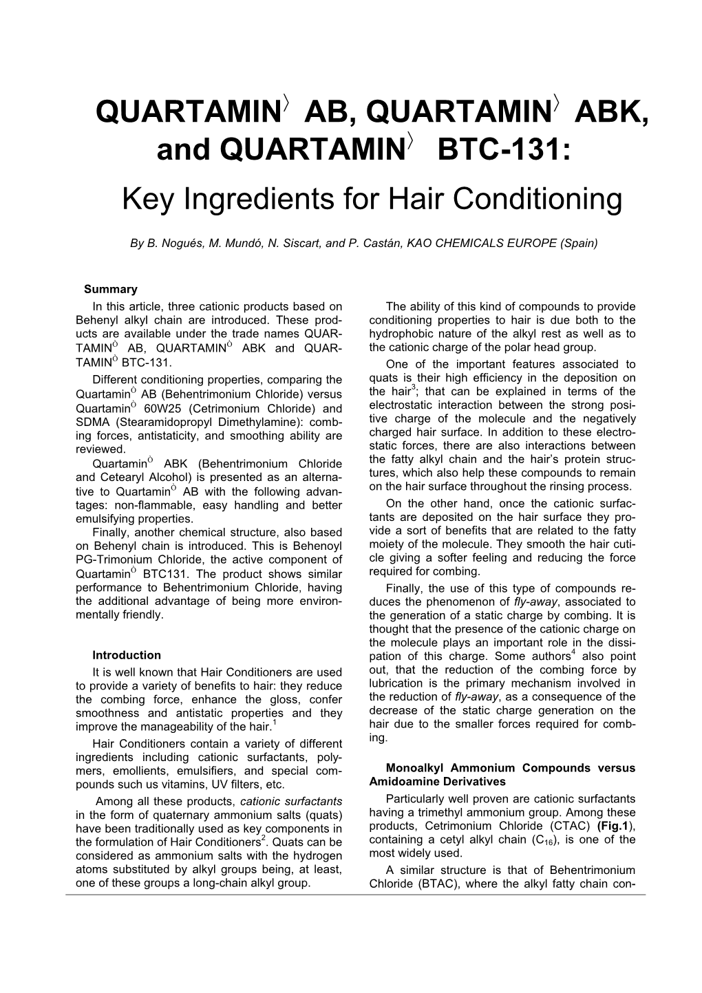 QUARTAMIN AB, QUARTAMIN ABK, and QUARTAMIN BTC-131: Key Ingredients for Hair Conditioning