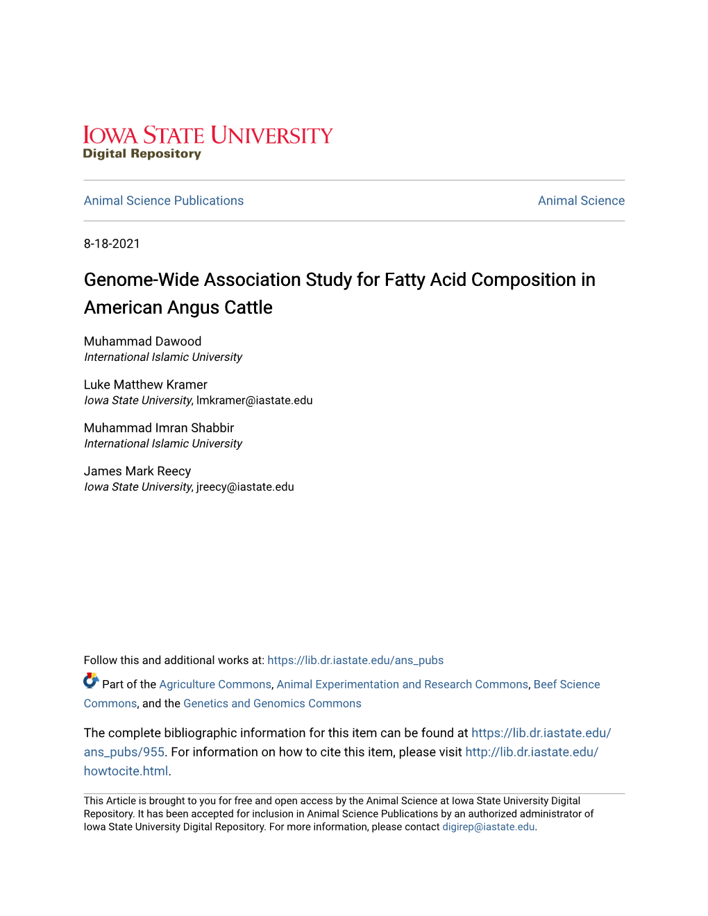 Genome-Wide Association Study for Fatty Acid Composition in American Angus Cattle