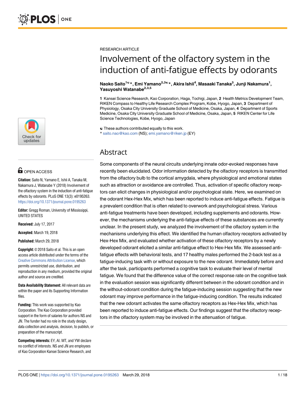 Involvement of the Olfactory System in the Induction of Anti-Fatigue Effects by Odorants