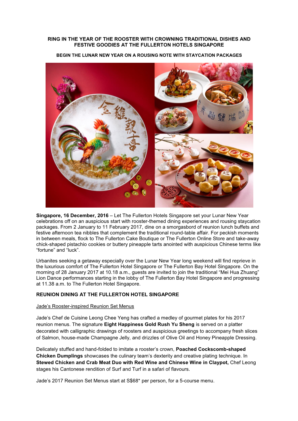 Ring in the Year of the Rooster with Crowning Traditional Dishes and Festive Goodies at the Fullerton Hotels Singapore