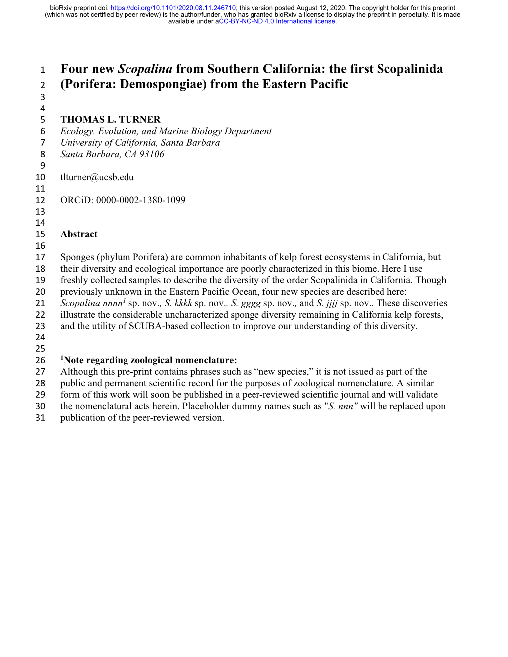 Porifera: Demospongiae) from the Eastern Pacific 3 4 5 THOMAS L