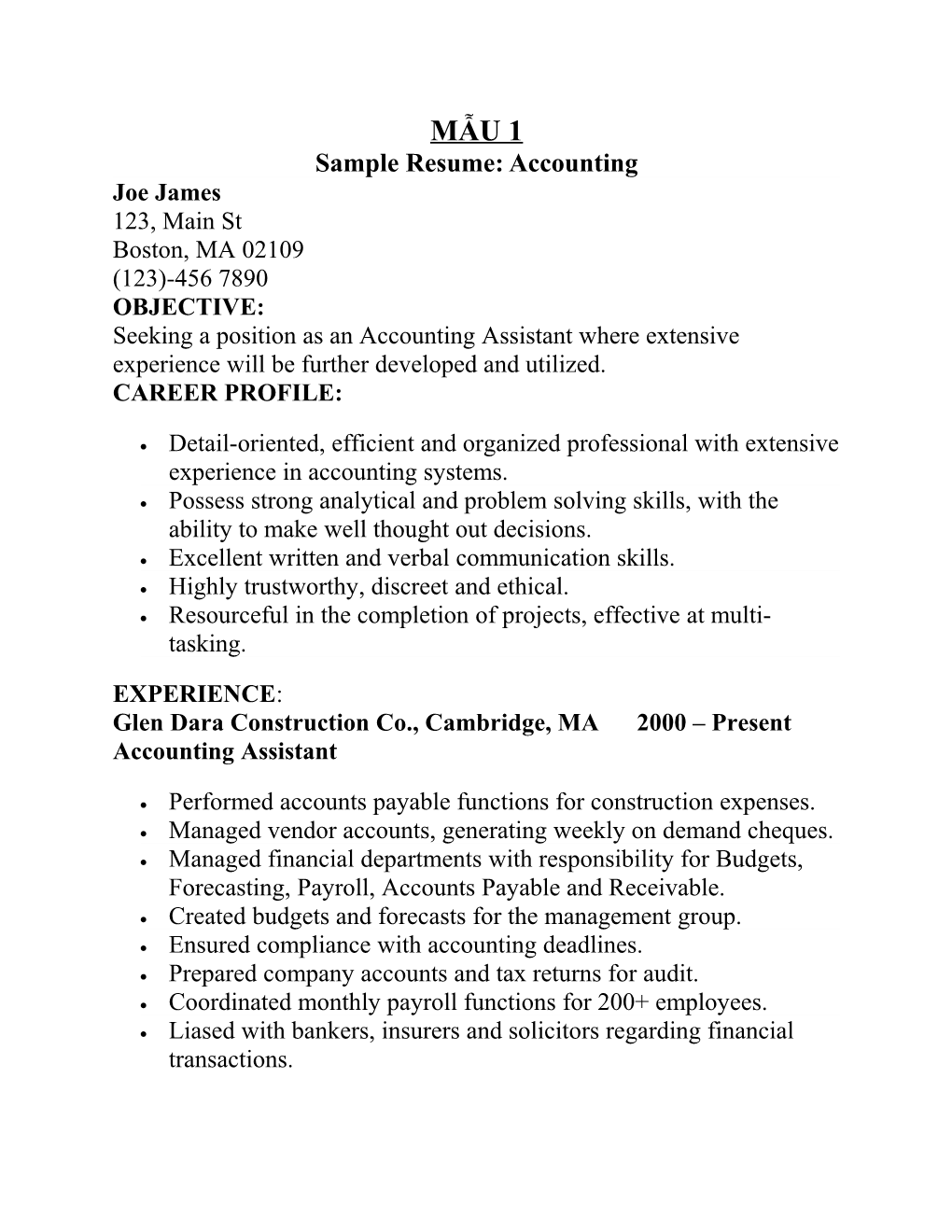 Sample Resume: Accounting