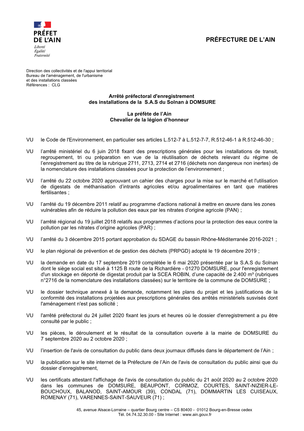 Arrêté Préfectoral D'enregistrement Des Installations De La S.A.S Du Solnan À DOMSURE