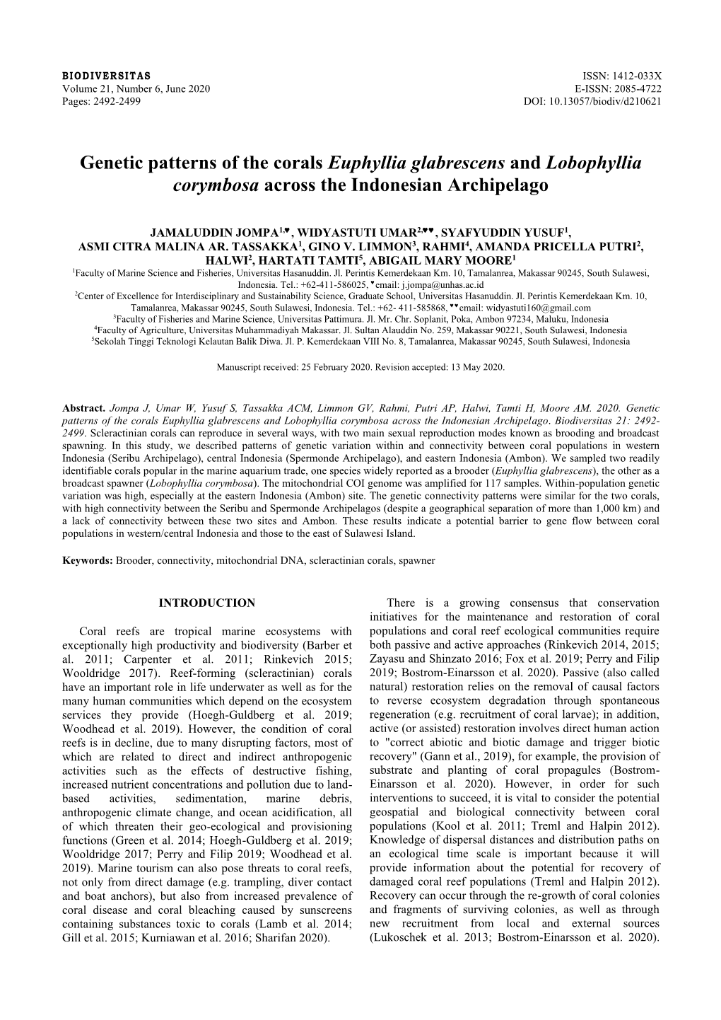 Genetic Patterns of the Corals Euphyllia Glabrescens and Lobophyllia Corymbosa Across the Indonesian Archipelago