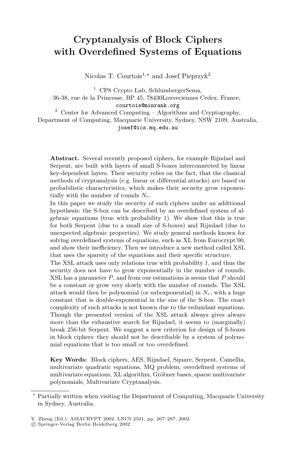 Cryptanalysis of Block Ciphers with Overdefined Systems of Equations